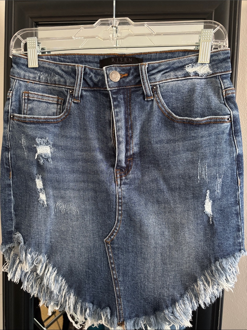 Risen Distressed Asymmetrical Denim Short Skirt - Blue